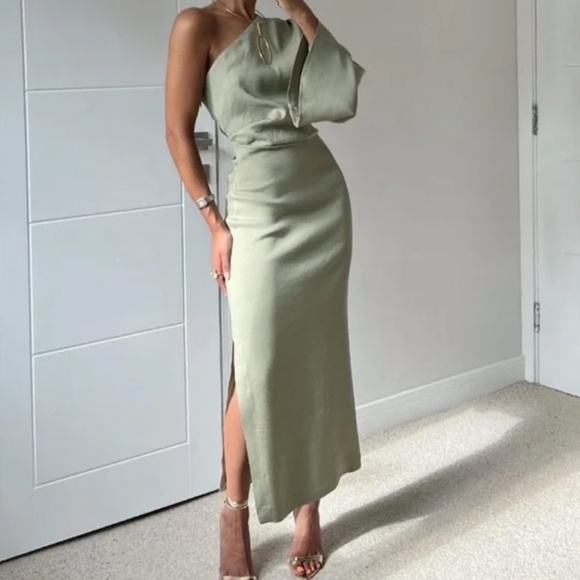 ZARA Asymmetrical Linen Blend Dress - Picture 9 of 16